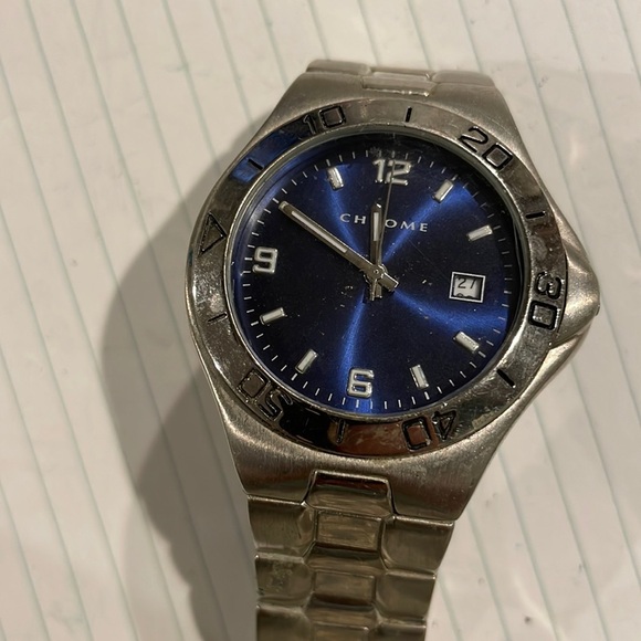 Chrome Men's Silver Tone Blue W/ Date Analog - Picture 1 of 5